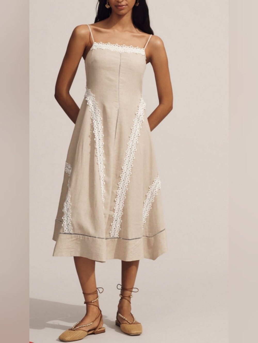 Anthropologie Beige Midi Dress with White Lace Insets